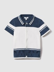 Reiss Optic White/Airforce Blue Bowler 9-13 yrs Velour Embroidered Striped Shirt - Image 2 of 4