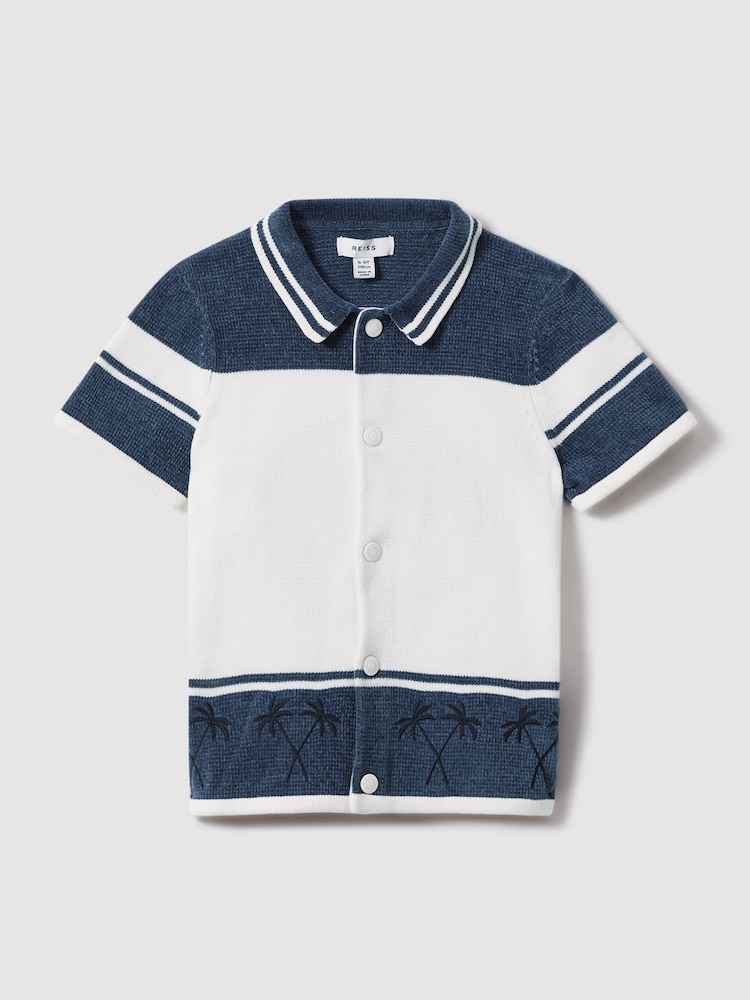 Reiss Optic White/Airforce Blue Bowler 9-13 yrs Velour Embroidered Striped Shirt - Image 2 of 4