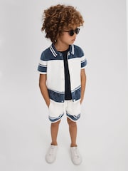 Reiss Optic White/Airforce Blue Bowler 9-13 yrs Velour Embroidered Striped Shirt - Image 3 of 4