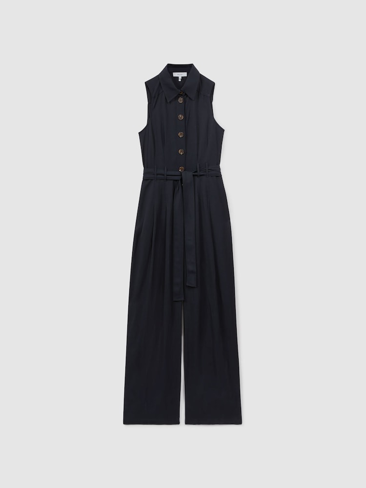 Reiss Navy Perla Belted Wide Leg Jumpsuit - Image 2 of 5 Reiss Navy Perla Belted Wide Leg Jumpsuit - Image 2 of 5