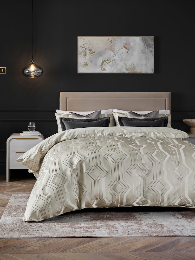 Champagne Geo Jacquard Duvet Cover and Pillowcase Set - Image 1 of 6