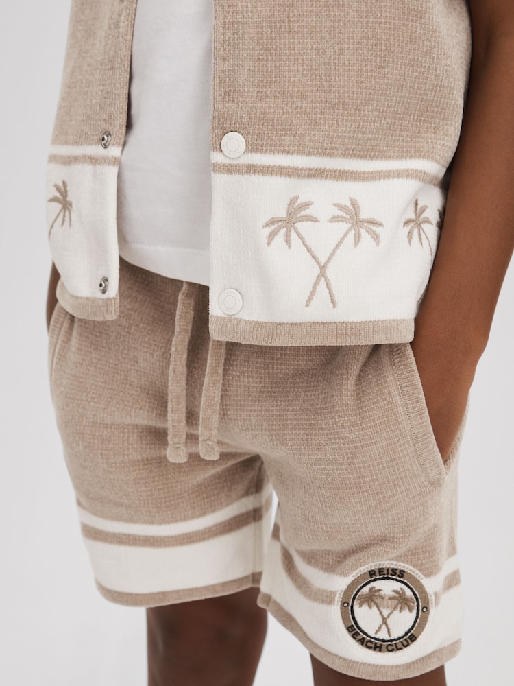 Reiss Taupe/Optic White Catch 3-9 yrs Velour Drawstring Shorts - Image 1 of 4