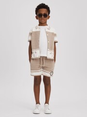 Reiss Taupe/Optic White Catch 3-9 yrs Velour Drawstring Shorts - Image 3 of 4