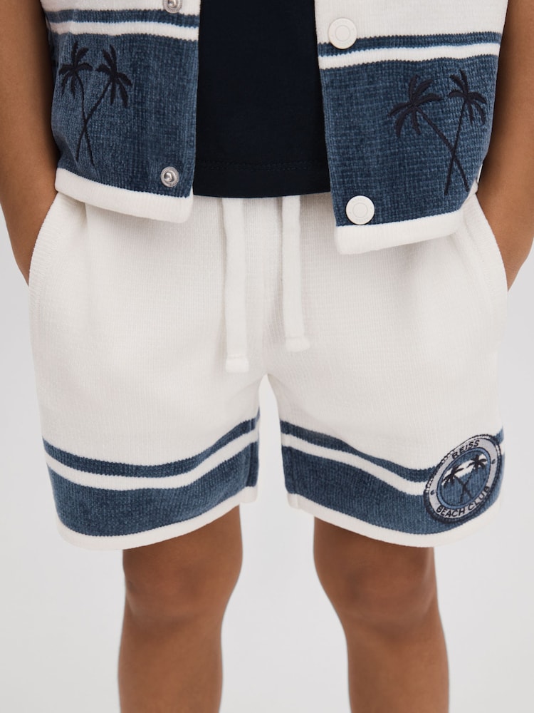 Reiss Optic White/Airforce Blue Catch Junior Velour Drawstring Shorts - Image 1 of 4