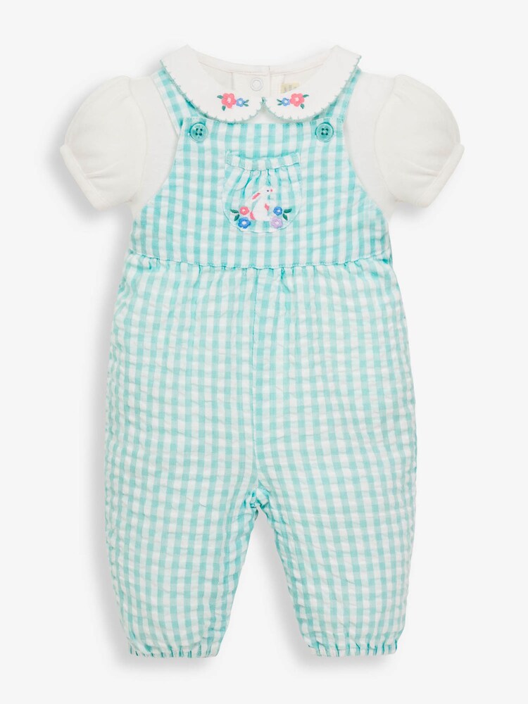 JoJo Maman Bébé Duck Egg 2-Piece Gingham Baby Dungarees & Bodysuit Set - Image 1 of 1