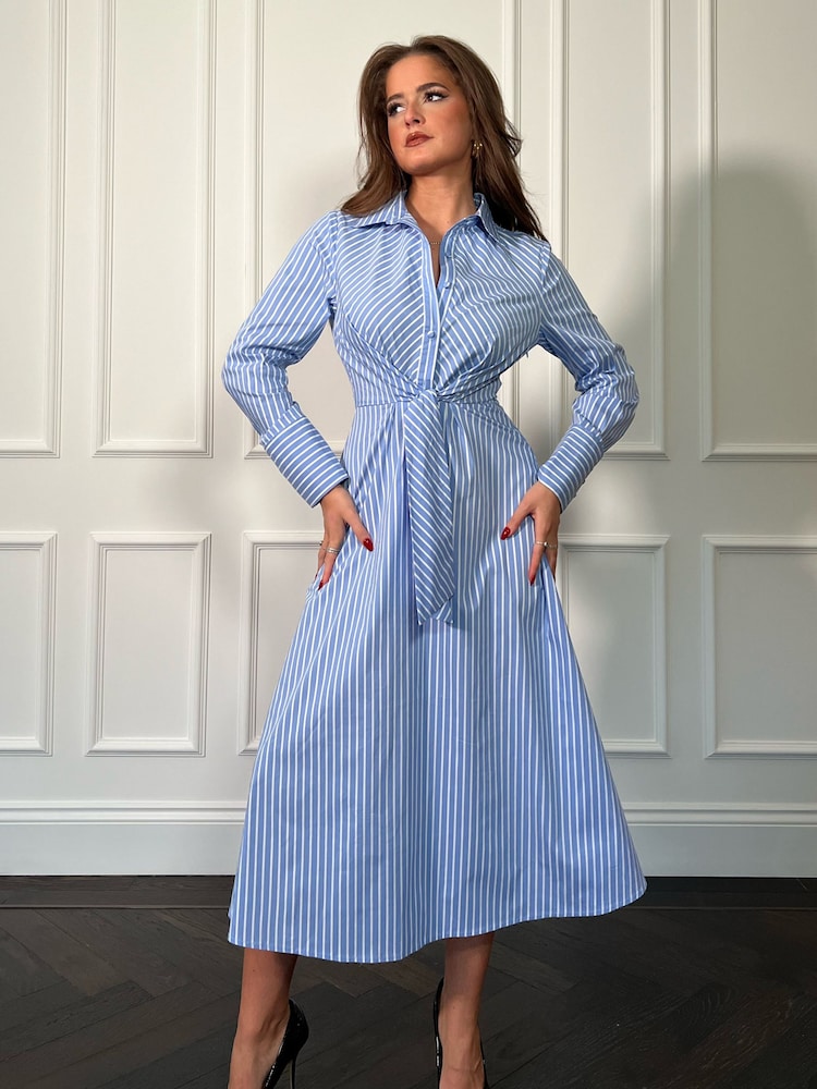 Girl In Mind Blue Stripe Isabella Tie Front Shirt Dress - Image 1 of 4