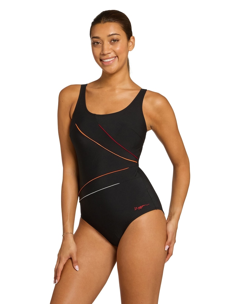 Zoggs Black Adjustable Scoopback Swimsuit With Fixed Foam Cups and Tummy Control - Image 2 of 6 Zoggs Black Adjustable Scoopback Swimsuit With Fixed Foam Cups and Tummy Control - Image 2 of 6
