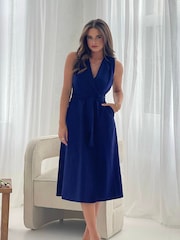 Girl In Mind Blue Callie Linen Blend Sleeveless Tie Front Midi Dress - Image 1 of 3