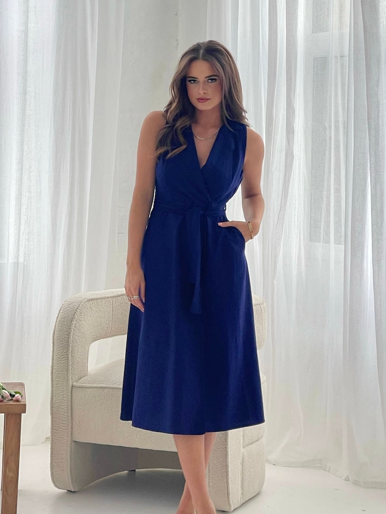 Girl In Mind Blue Callie Linen Blend Sleeveless Tie Front Midi Dress - Image 1 of 3 Girl In Mind Blue Callie Linen Blend Sleeveless Tie Front Midi Dress - Image 1 of 3