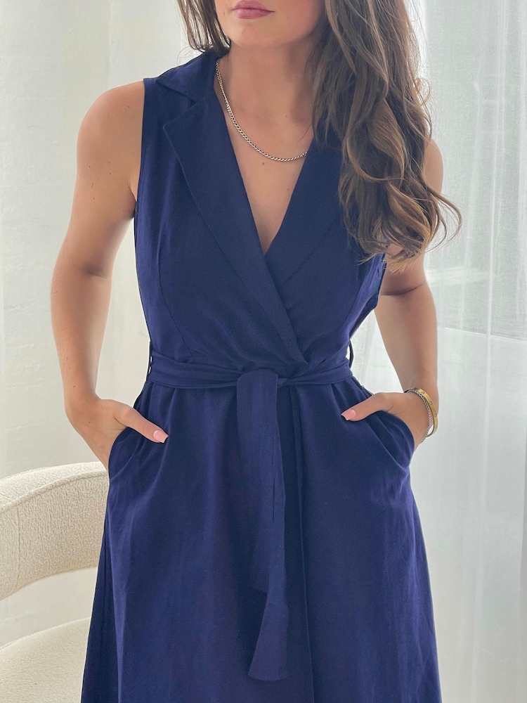 Girl In Mind Blue Callie Linen Blend Sleeveless Tie Front Midi Dress - Image 3 of 3