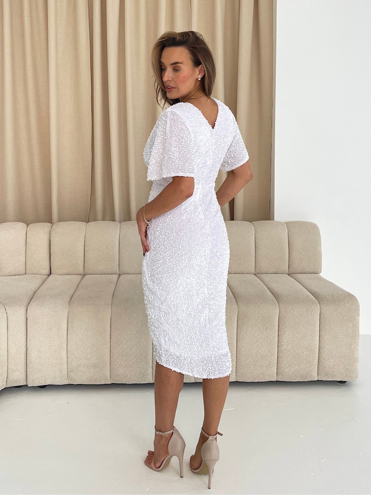 Girl In Mind White Novah Sequin Wrap Detailing Midi Bridal Dress - Image 4 of 6