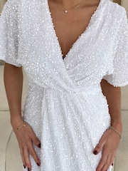 Girl In Mind White Novah Sequin Wrap Detailing Midi Bridal Dress - Image 5 of 6