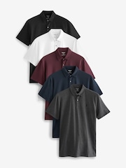 Navy/White/Burgundy/Black/Grey Regular Fit Regular Fit Short Sleeve Jersey Polo Shirts 5 Pack - Image 1 of 10