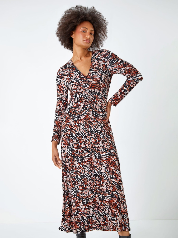 Dusk Multi Animal Animal Ruched Front Stretch Midi Dress - Image 1 of 5 Dusk Multi Animal Animal Ruched Front Stretch Midi Dress - Image 1 of 5