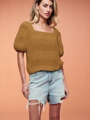 Ochre Yellow Short Sleeve Smock Tie Back Top - Image 1 of 6