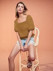 Ochre Yellow Short Sleeve Smock Tie Back Top - Image 2 of 6