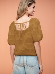Ochre Yellow Short Sleeve Smock Tie Back Top - Image 3 of 6