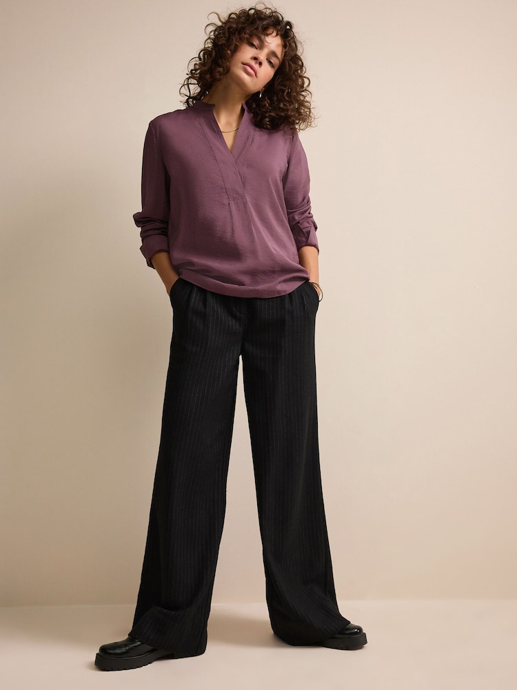 Wine Red Long Sleeve Textured Overhead V-Neck Blouse - Image 2 of 7
