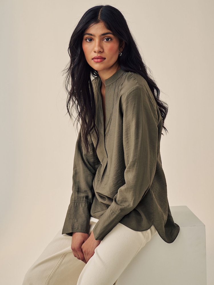 Khaki Green Long Sleeve Textured Overhead V-Neck Blouse - Image 1 of 6