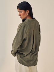 Khaki Green Long Sleeve Textured Overhead V-Neck Blouse - Image 2 of 6