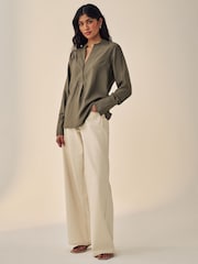Khaki Green Long Sleeve Textured Overhead V-Neck Blouse - Image 3 of 6
