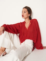 Red Pleated Sparkle Tie  Neck Long Sleeve Blouse - Image 1 of 7