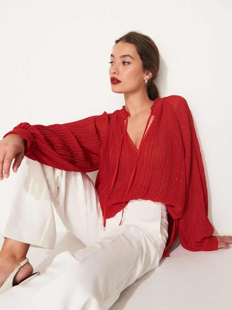 Red Pleated Sparkle Tie  Neck Long Sleeve Blouse - Image 1 of 7