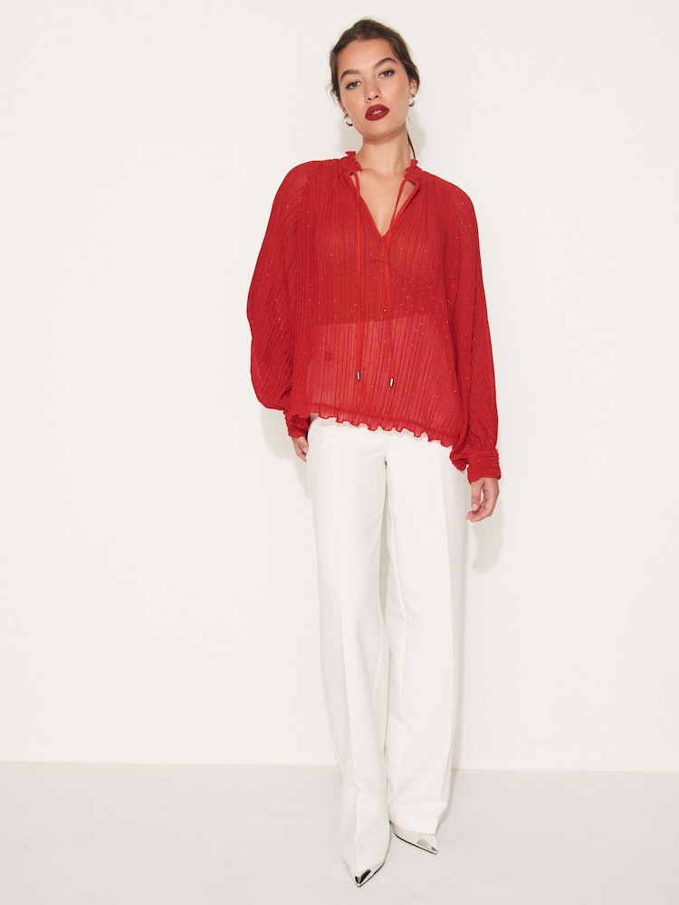 Red Pleated Sparkle Tie  Neck Long Sleeve Blouse - Image 2 of 7