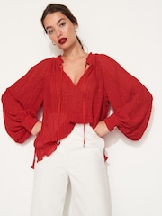 Red Pleated Sparkle Tie  Neck Long Sleeve Blouse - Image 3 of 7