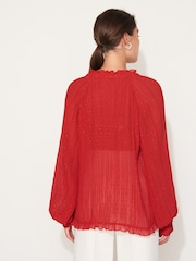Red Pleated Sparkle Tie  Neck Long Sleeve Blouse - Image 4 of 7
