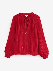 Red Pleated Sparkle Tie  Neck Long Sleeve Blouse - Image 5 of 7