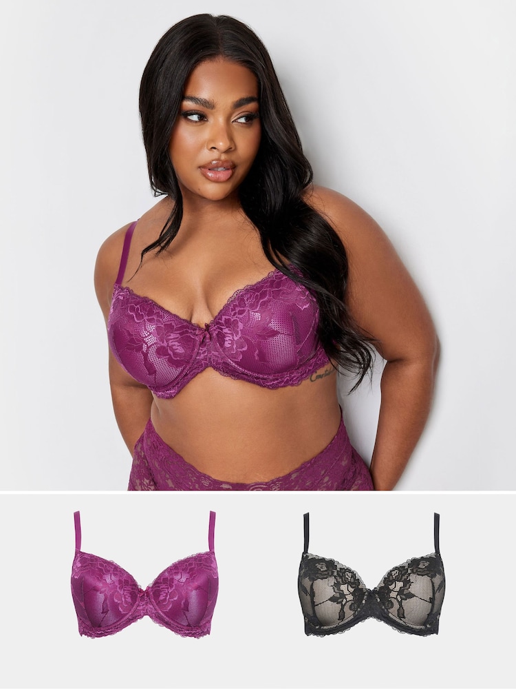 Yours Curve Purple & Black Satin Lace Padded Bras 2 Pack - Image 1 of 5