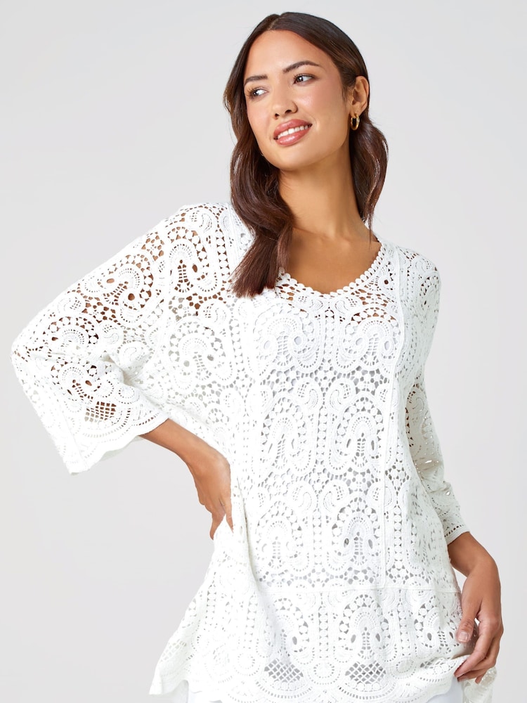Roman White Crochet V-Neck 3/4 Sleeve 100% Cotton Tunic Top - Image 1 of 5