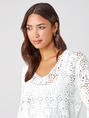Roman White Crochet V-Neck 3/4 Sleeve 100% Cotton Tunic Top - Image 4 of 5