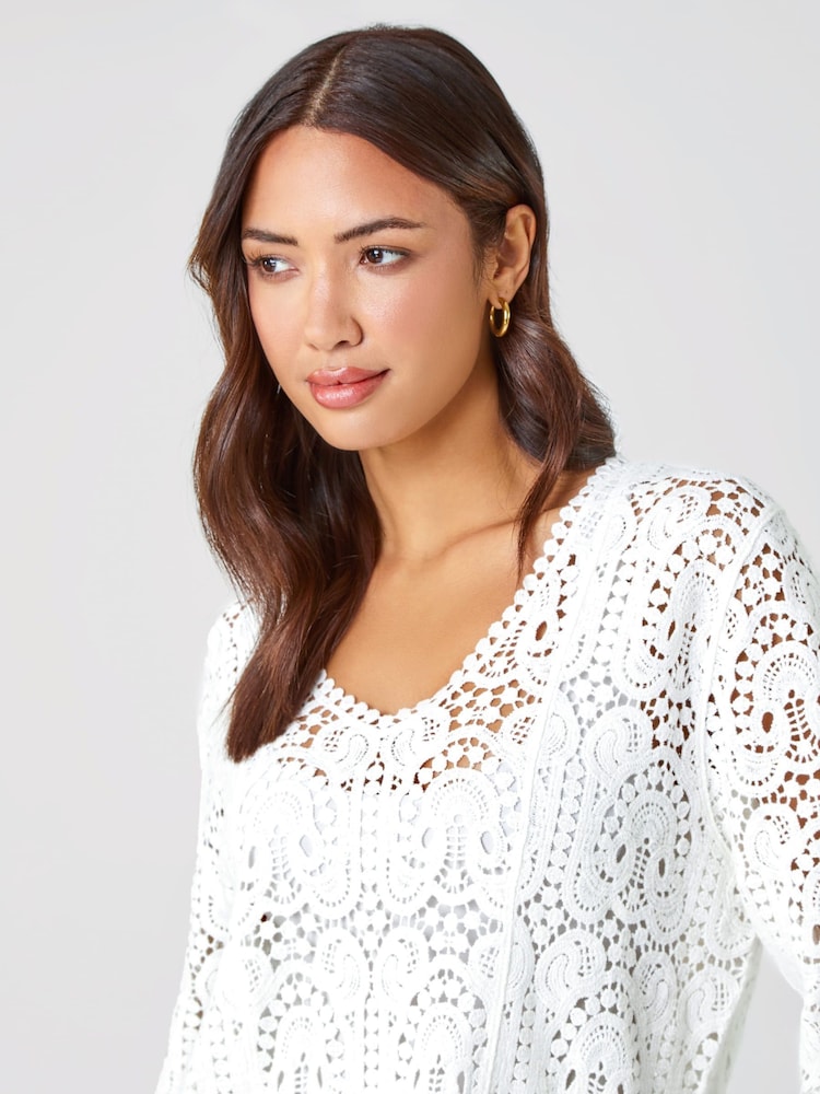 Roman White Crochet V-Neck 3/4 Sleeve 100% Cotton Tunic Top - Image 4 of 5