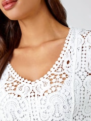 Roman White Crochet V-Neck 3/4 Sleeve 100% Cotton Tunic Top - Image 5 of 5