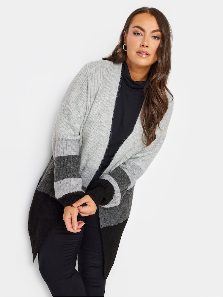 Yours Curve Grey Colourblock Longline Knitted Cardigan - Image 1 of 4
