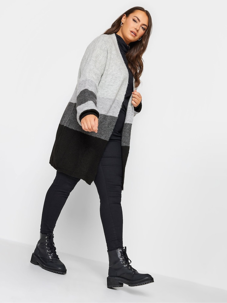 Yours Curve Grey Colourblock Longline Knitted Cardigan - Image 2 of 4