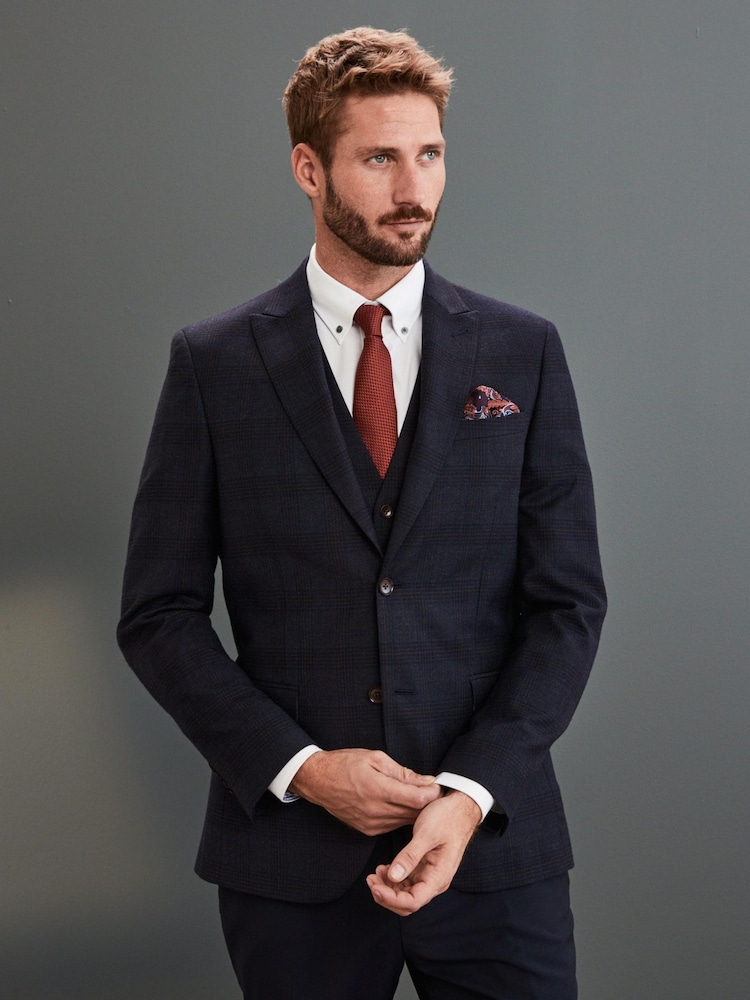 Navy Check Slim Fit Signature Angelico 100% Wool Suit Jacket - Image 1 of 9