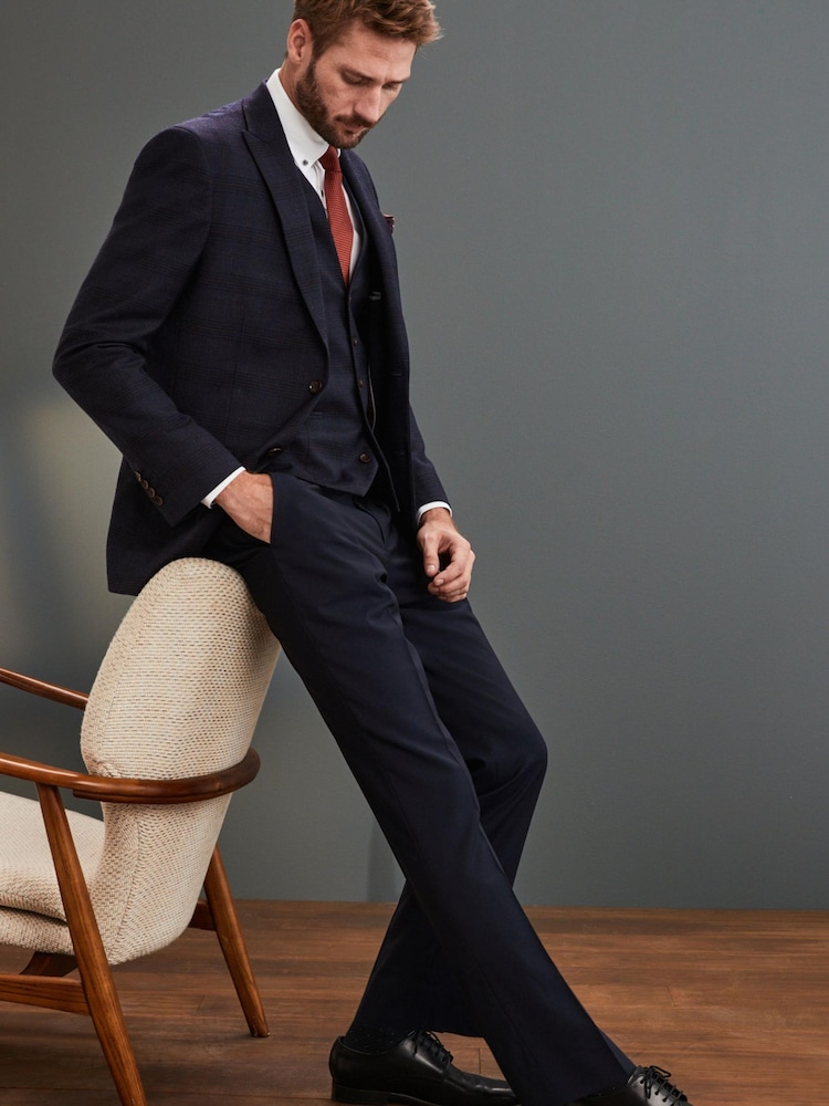 Navy Check Slim Fit Signature Angelico 100% Wool Suit Jacket - Image 2 of 9