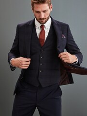 Navy Check Slim Fit Signature Angelico 100% Wool Suit Jacket - Image 4 of 9