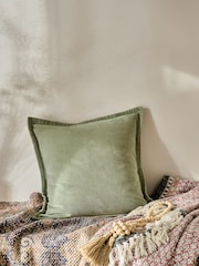 French Connection Sage Green 100% Cotton Washed Velvet Cushion - Image 1 of 4