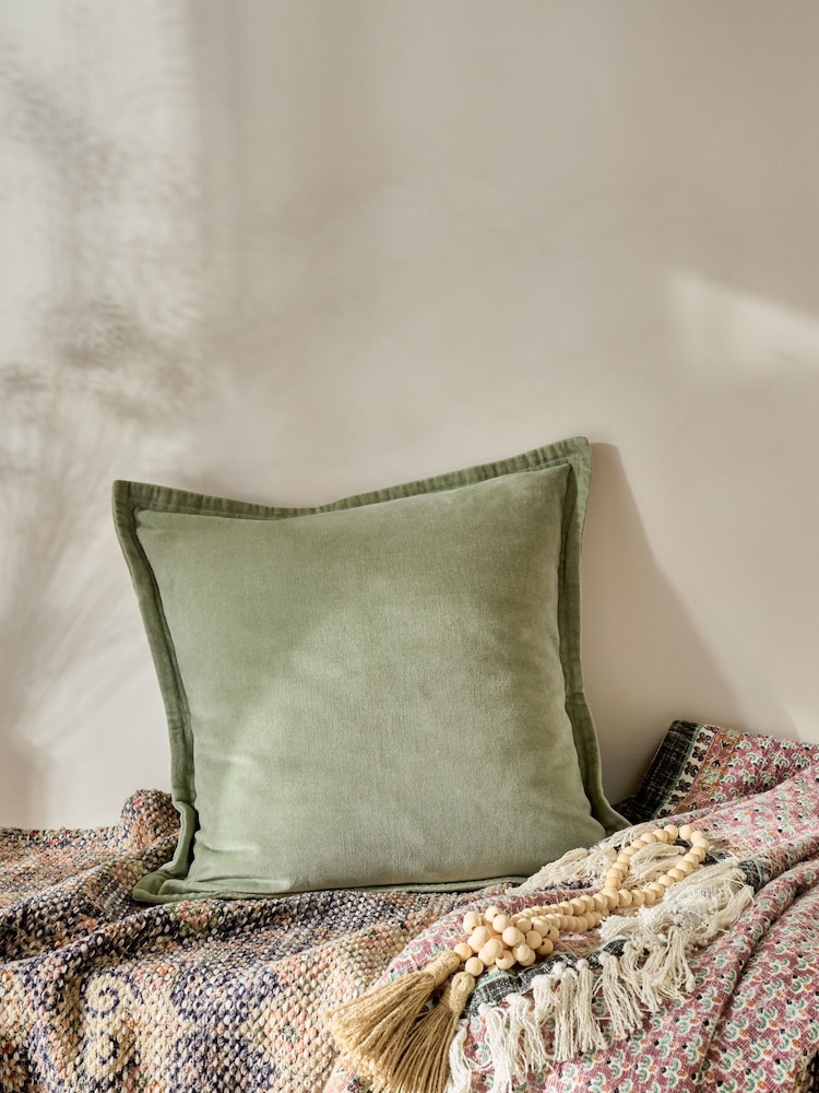 French Connection Sage Green 100% Cotton Washed Velvet Cushion - Image 1 of 4 French Connection Sage Green 100% Cotton Washed Velvet Cushion - Image 1 of 4