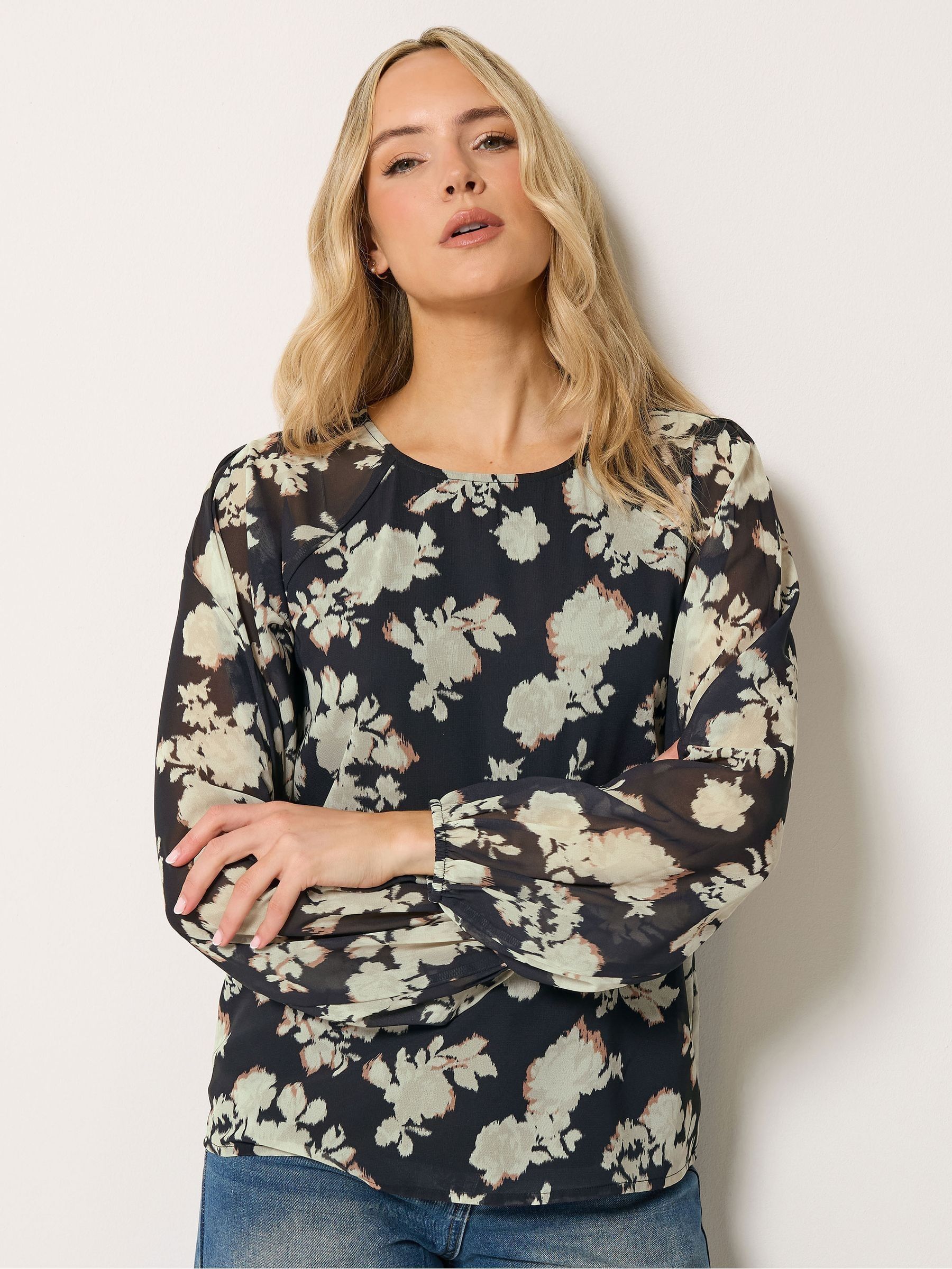 Long Tall Sally Women's Brown/Cream Floral Georgette Blouse - Image 1
