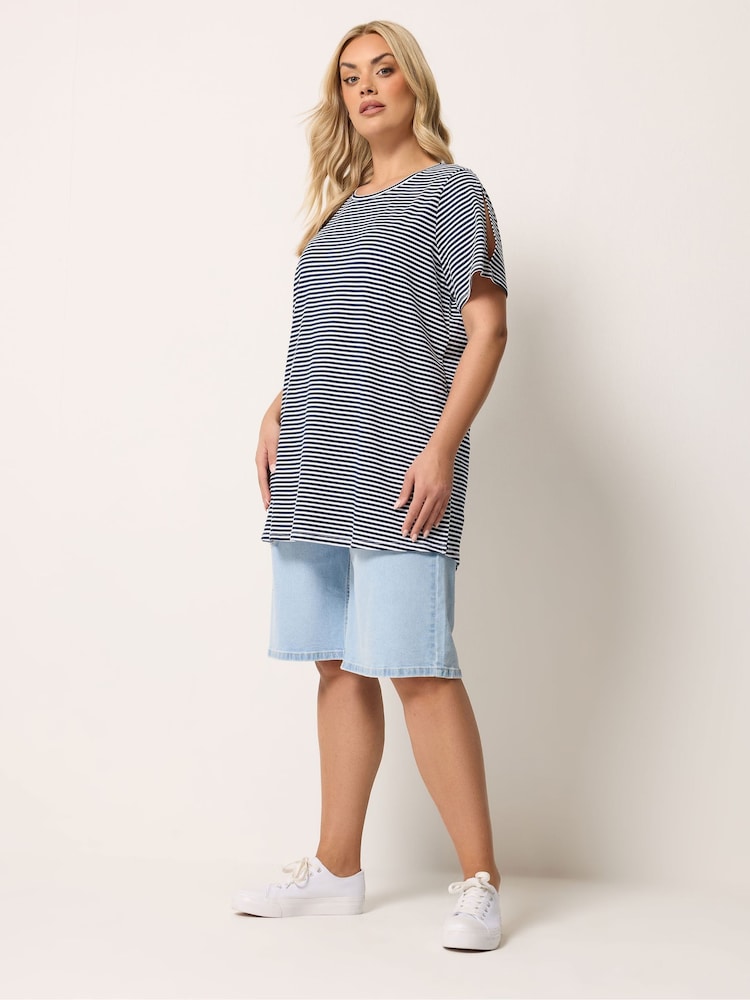 Yours Curve Blue Stripe Swing T-Shirt - Image 2 of 6