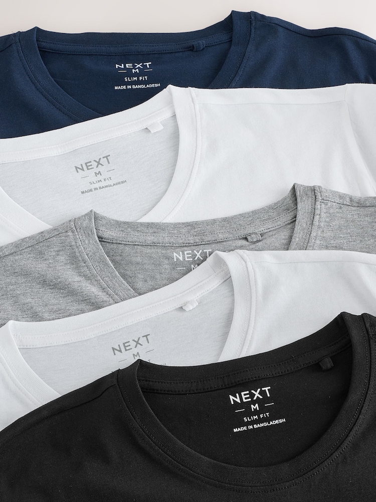 黑色/灰泥色/白色/深蓝色 - 修身版型 - 100% 纯棉多层T恤 包5 - 13的图像13｝