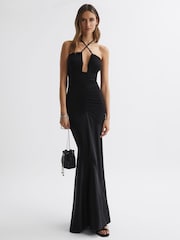Reiss Black Thalia Fitted Plunge Neck Satin Maxi Dress - Image 1 of 4