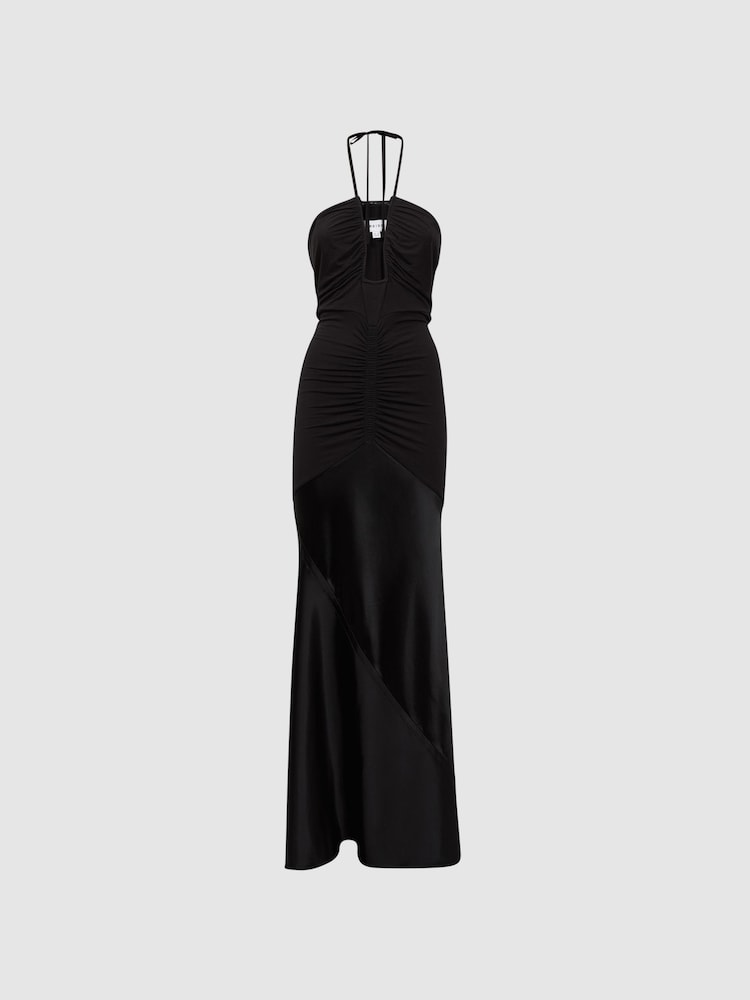 Reiss Black Thalia Fitted Plunge Neck Satin Maxi Dress - Image 2 of 4