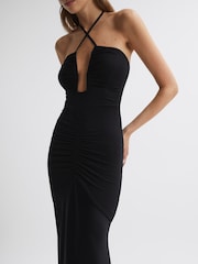 Reiss Black Thalia Fitted Plunge Neck Satin Maxi Dress - Image 3 of 4