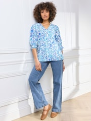 Cotton Traders Blue 3/4 Sleeve V-Neck Printed Crinkle Top - Image 1 of 3